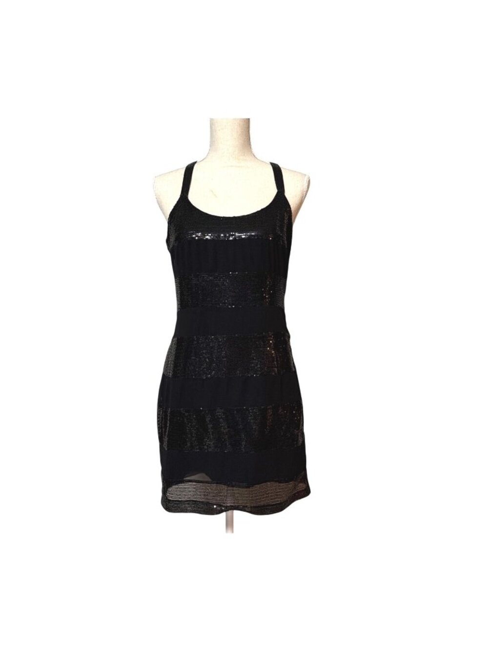 Black Sequin Striped Mini Dress With Cross Back Straps Size‎ L By Twenty One